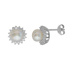 Λευκόχρυσα σκουλαρίκια καρφωτά Κ14 με μαργαριτάρι και λευκά ζιργκόν